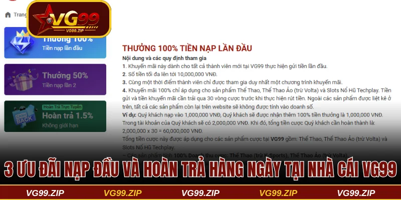 3 Ưu đãi nạp đầu và hoàn trả hàng ngày tại nhà cái